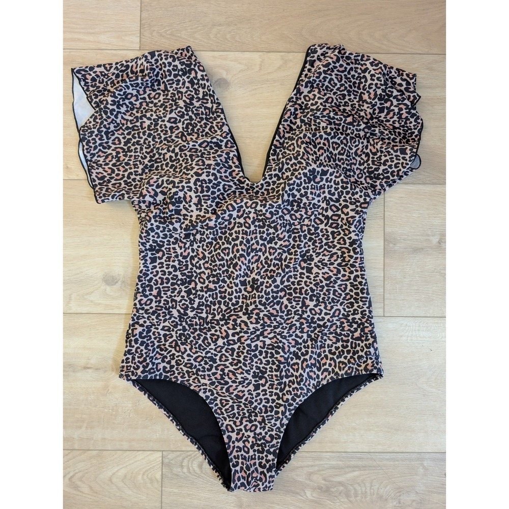 Byinns One Piece Animal Print Swimsuit Flutter Sleeves  Deep V Neck XL